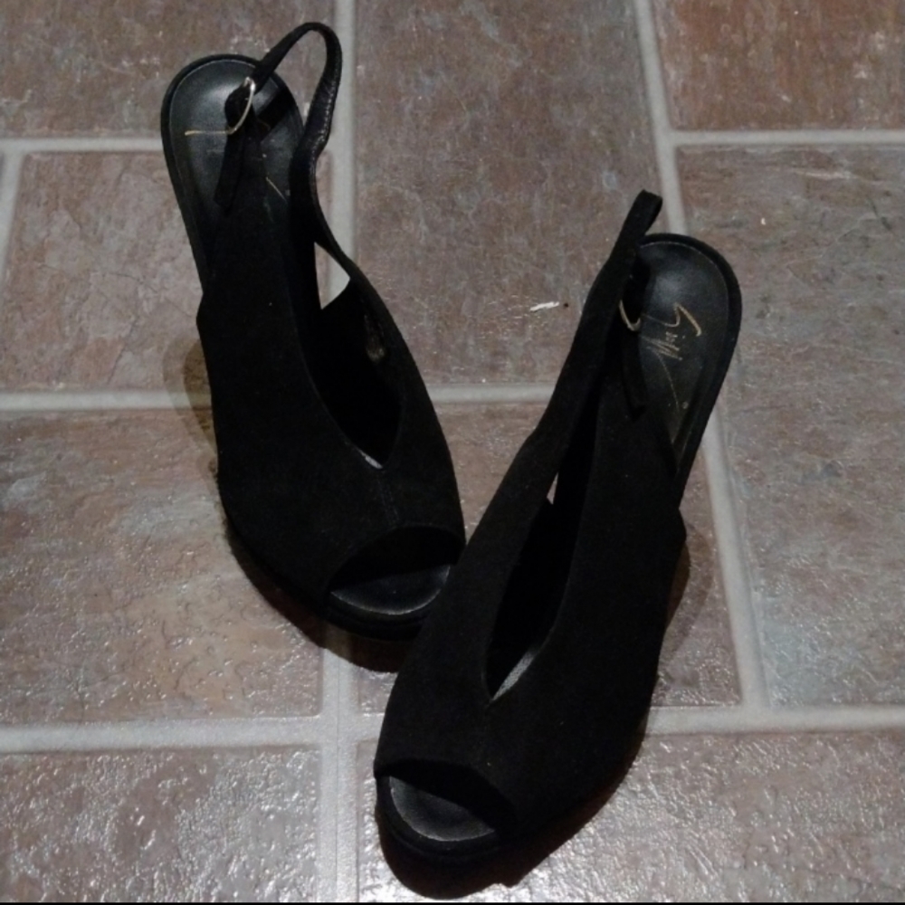 Giuseppe Zanotti black suede platform heel peep tote sandal pump size 37